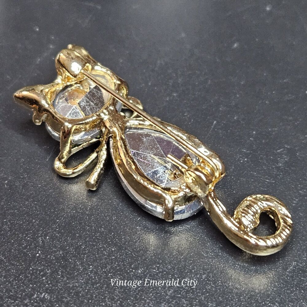 Goldtone Mr. Cat Bow Cyrstal Brooch Rhinestone Tail & Ears Iridescent Kitty Pin - Picture 7 of 13